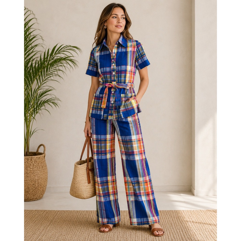 Vintage 70s Madras Plaid Two Piece Pants Set Womens M Belted Shirt Outfit